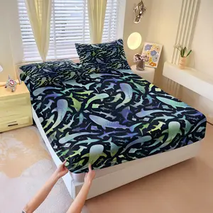 Whale Shark Camo Pattern Fitted Sheet Set,Deep Sea Bed Sheet Set,Includes 1 Deep-Pocket Fitted Sheet & 2 Pillowcases,Adorned with a Graceful School of Whale Sharks in Midnight Blue Waters,Perfect for Bedroom,Dorm & Coastal Themed Room Decor