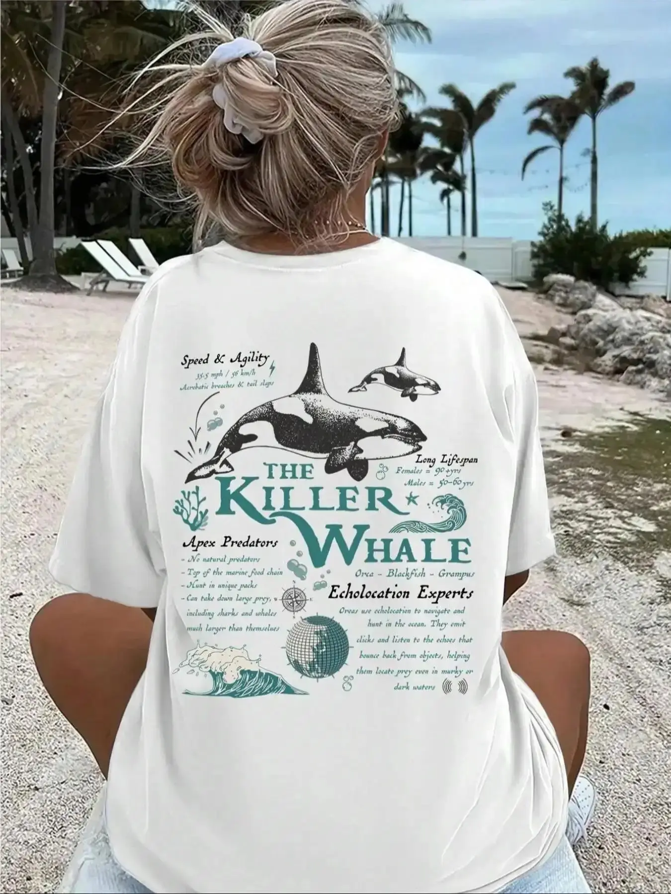 Women's Orca Whale & Letter Print Round Neck Tee, Vintage Trendy Casual Short Sleeve T-shirt for Daily Wear, Ladies Summer Outfit