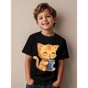 Cute Cartoon Orange Kitten Graphic T-Shirt for Boys Black Tee with Playful Cat Drinking Bubble Tea Design Perfect for Summer Fun and Casual Attire