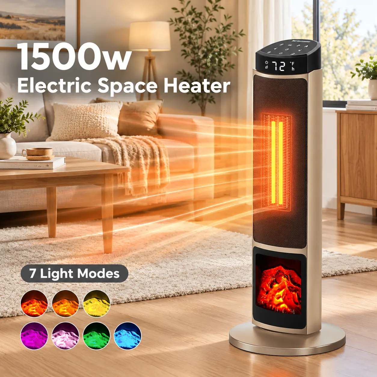23inch Space Heaters for Indoor Use, Portable Heater with 7 Light Colors, Adjustable Thermostat with Remote, Tip-over Protection Up to 95°F, 60°Oscillation,stop operating 30 seconds after the power is cut off.