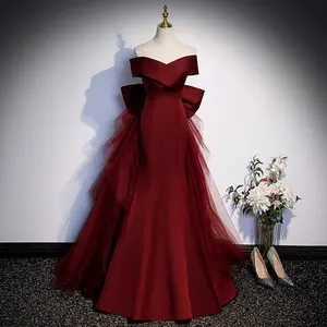 2026 New Style Wine Red Fishtail Toast Dress, Female Vocal Music Art Exam Evening Dress, Annual Party Host Off-the-Shoulder Light Wedding Dress