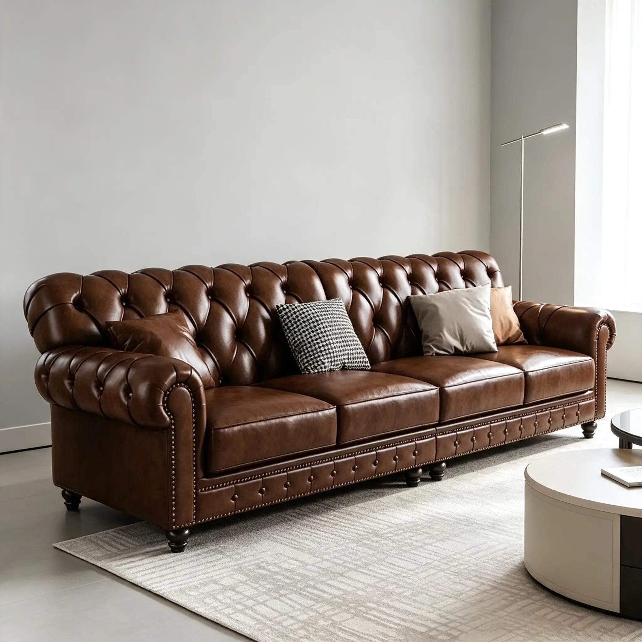 Classic Chesterfield Brown Leather SofaDiamond tufted backrest, rolled scroll arms and nail‑head trim. Vintage traditional 3‑seater couch. Rich brown leather finish with carved wooden legs, delivers timeless retro luxury for your living room.