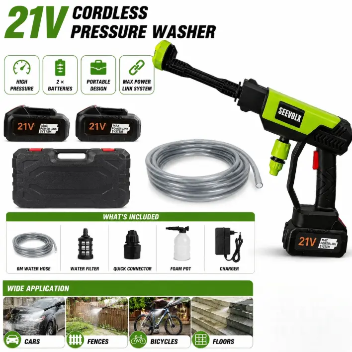 SEEVOLX 21V Cordless Portable High Pressure Washer - Rechargeable Battery-Powered Handheld Pressure Cleaning Tool, Full Set Accessories for Car, Driveway, Patio Cleaning, Pressure Cleaning Tools, High Pressure Washers