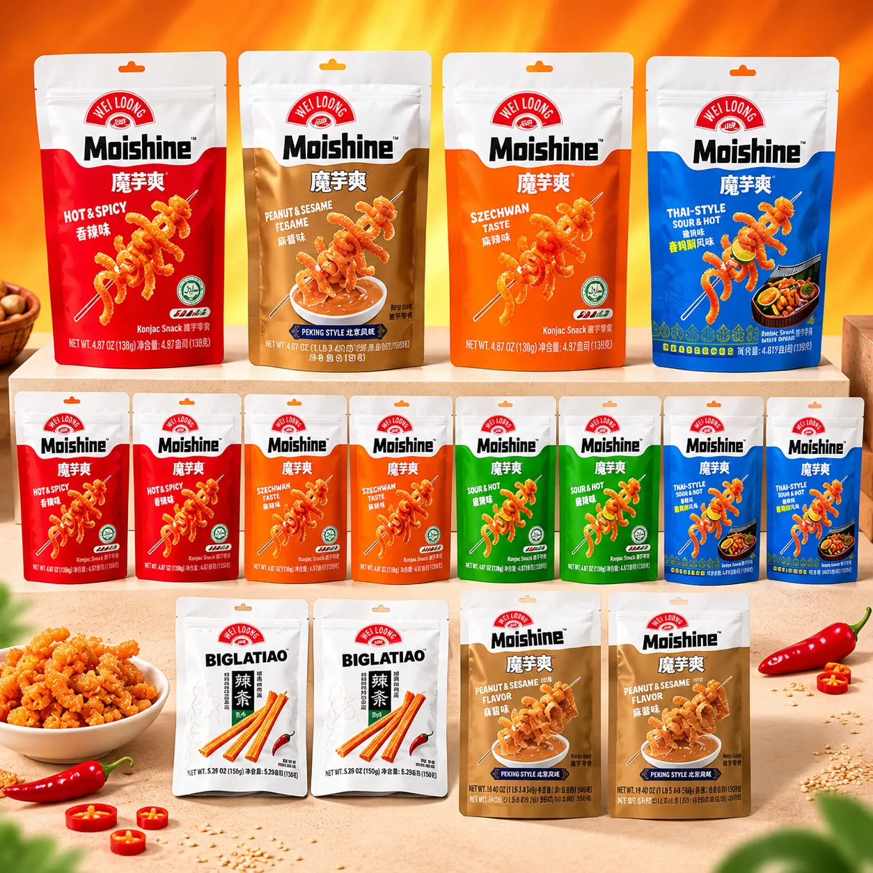 OG x Weiloong Ultra Bundle-Total: 16 Packs · 6 Flavors total(550g*4+138g*10+150g*2)Spicy Konjac Snack Strips, Classic Mixed Flavors, 5 Konjac Snack Flavors (Hot & Spicy, Szechwan Flavor, Thai-Style ,Peanut & Sesame,Sour & Hot)+ sweet&spicy rice strips