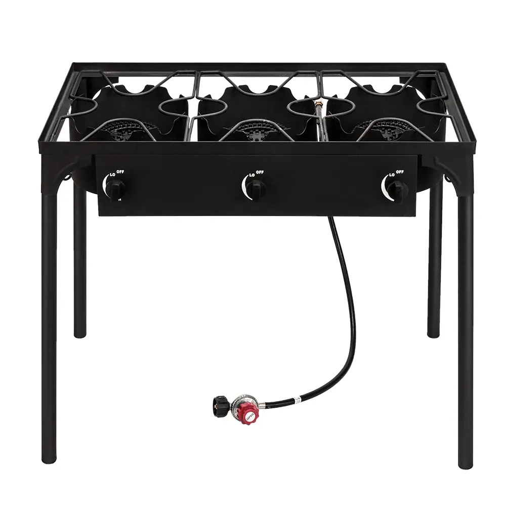 3 Burner Outdoor Stove with Heavy-Duty Cast Iron Stand, 225000 BTU High-Pressure Output, 0-20 PSI Adjustable Regulator, Portable for Camping & Backyard Use, Outdoor Barbecue Grill