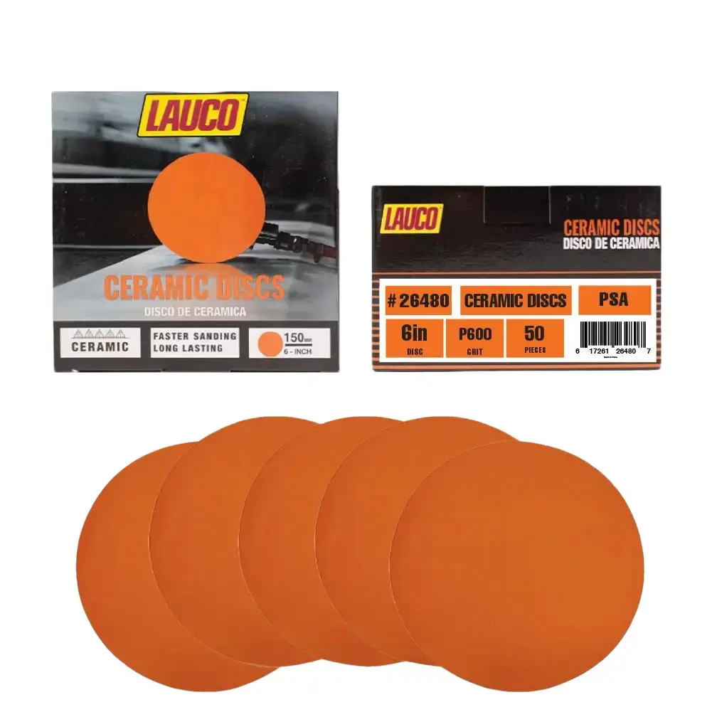 Lauco 6 inch 600 Grit Premium Orange Ceramic PSA Discs, 50 Pieces Clogging-Resistant No-Hole Self-Adhesive Random Orbital Sander Discs for Sanding Wood, Wood/Metal Finishing
