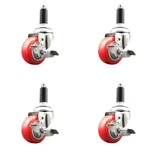 Service Caster SCC-SS316EX20S3514-PPUB-RED-TLB-1-4 Polyurethane Swivel Stem Caster with 3.5 in. Red Caster Wheels, 1 in. Expanding Stems - 316 Stainless Steel Casters - Set of 4
