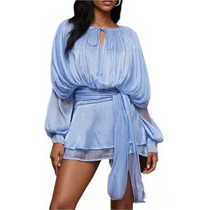 Women's Ruffle Mini Dress Long Lantern Sleeve Tie-up Front Solid Color Pleated Dress Short Flowy Dress