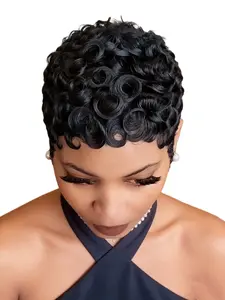 Short Curly Layered Pixie Cut Human Hair Wig For Women With Bangs Natural Black No Glue Daily Wear