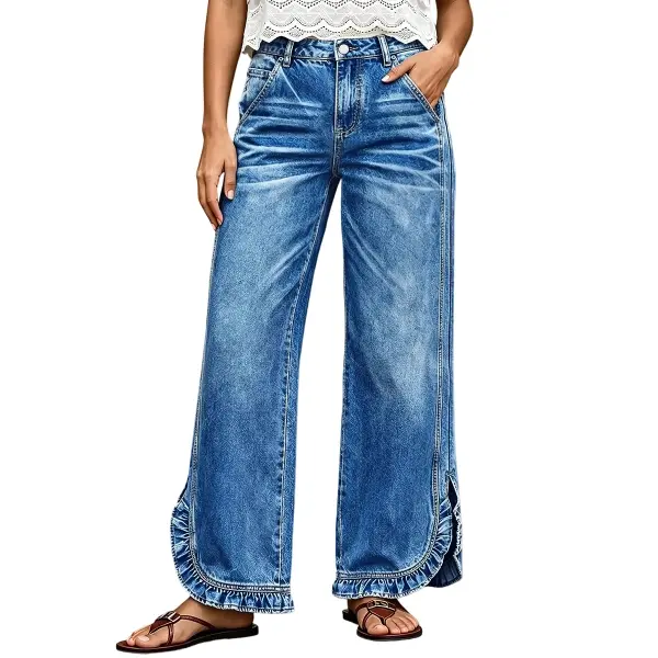 Flamingals Wash Ruffle Trim Split Hem Mid Rise Wide Leg Jeans Womenswear Stretchy 29.7" Inseam