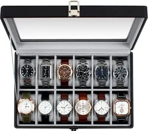 Watch Box, 12 Slot Watch Case with Large Real Glass Lid, Watch Organizer with Removable Watch Pillow, Black Synthetic Leather Watch Display, Black