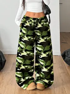 Women's American Camo Wide Leg Pants, Plain Flannel Pajama Bottoms, Winter Thick Warm Loose Sleepwear, Casual Home Wear for All Seasons