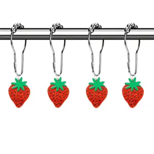 12-Piece Acrylic Strawberry Shower Curtain Hooks Set, Fruit Decorative Bathroom Accessories, Elegant Bath Curtain Rod Hangers
