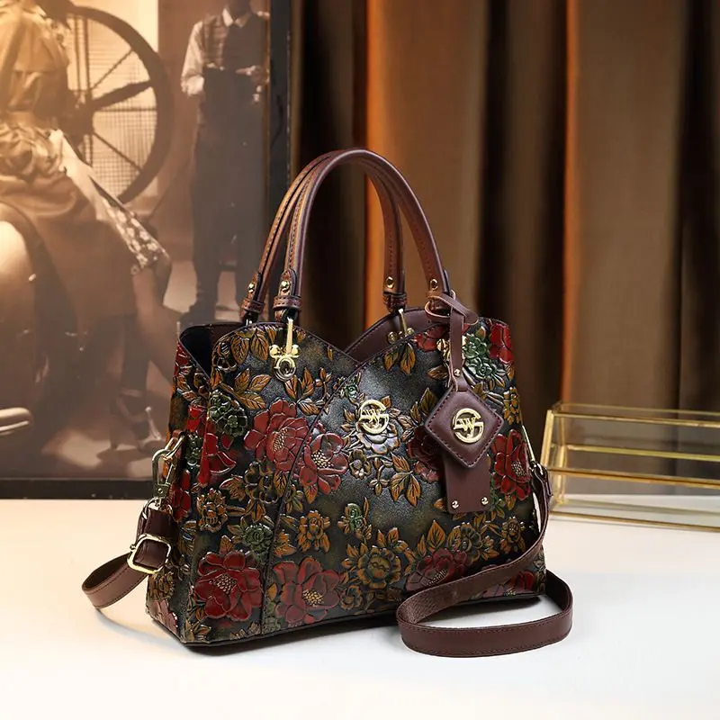 Women's Chic Vintage Handbag, Embossed Floral Leather Top Handle Satchel with Convertible Shoulder Strap