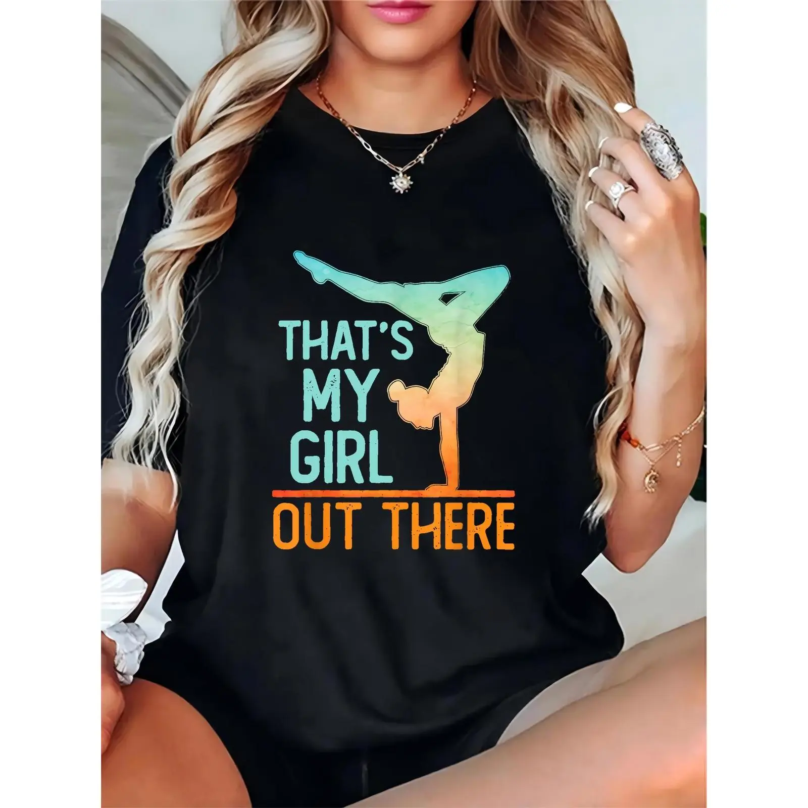 Women’s Black Gymnastics T-Shirt | Gradient Gymnast Silhouette + “That’s My Girl Out There” Text | Motivational Casual Tee for Gymnastics Events, Sports Lovers, Gymnast Parents