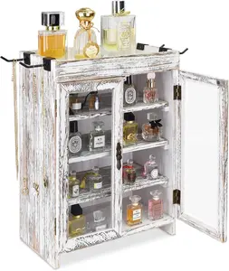 NEW Small Wooden Countertop Storage Cabinet,Adjustable Shelves and Removable Hooks, 10.4 W x 6.1 D x 14.4 H in, Antique White