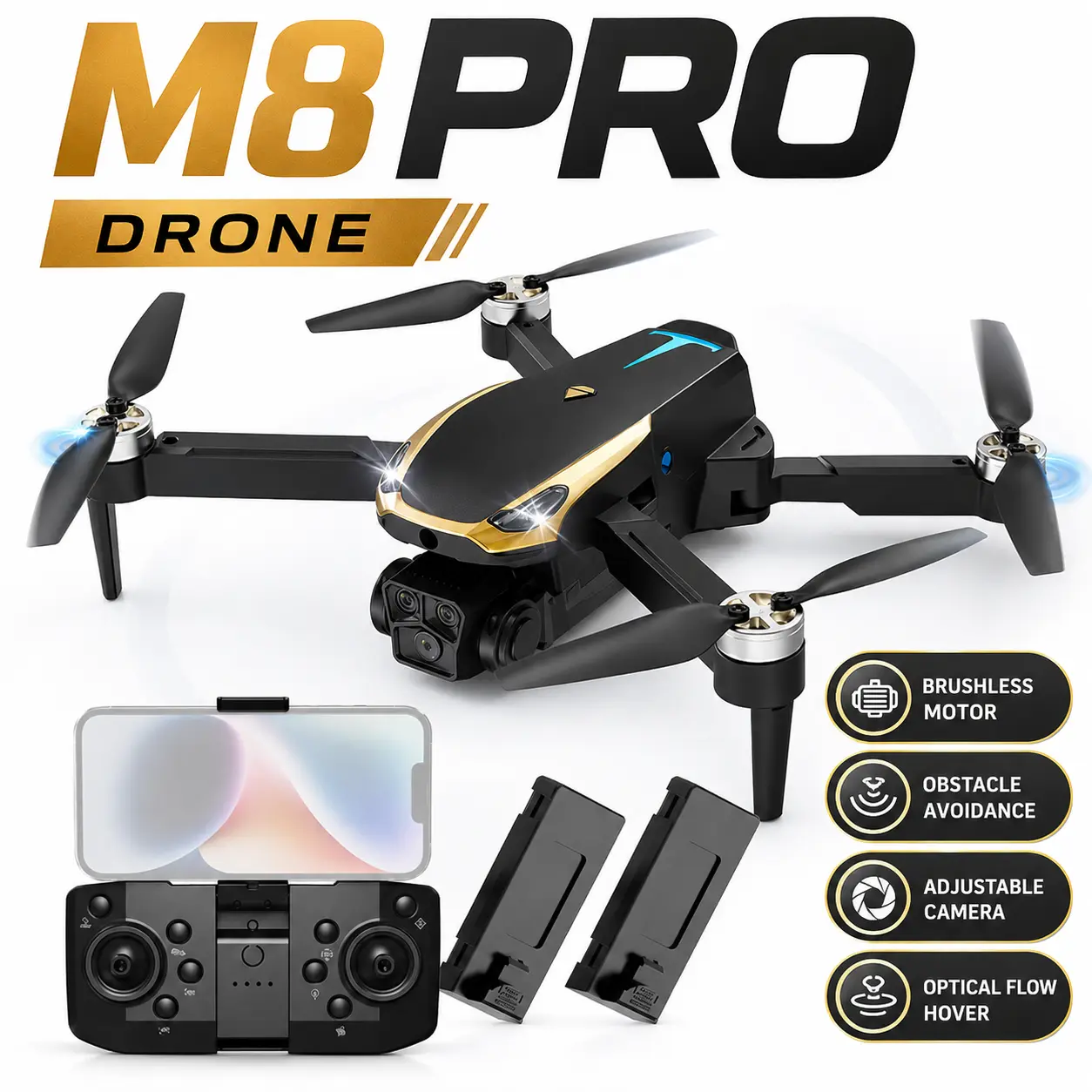M8 Pro Foldable Remote Control Drone with Camera - Plastic Brushless Motor Quadcopter, Optical Flow Hovering, Lithium Battery, Wi-Fi, Smartphone Compatible Gadget for Beginners, 1600Mah