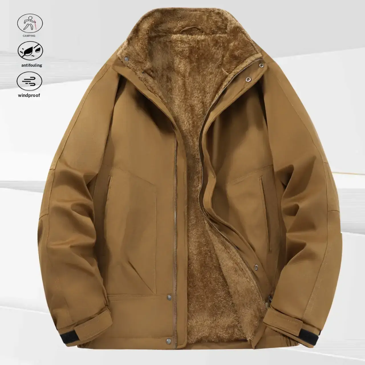 Men's Stand Collar Fleece Jacket - Menswear Long Sleeve Coats, Workwear-Inspired Plain Casual Design, Rugged Retro Feel, Warm Practical Zipper Closure for Cold Weather Neck Warmth, Tops