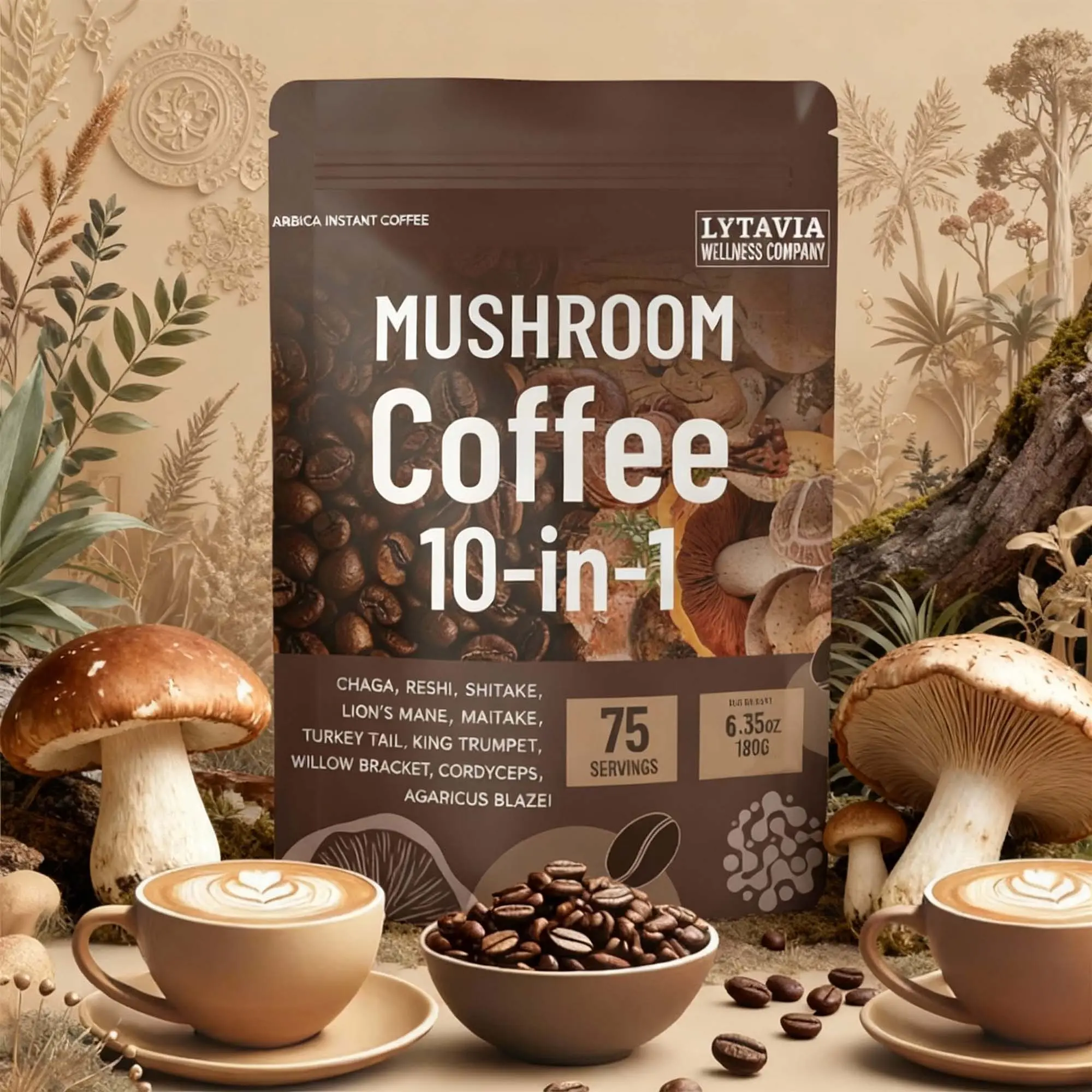 180g (6.35oz) 10-in-1 Organic Instant Arabica Mushroom Coffee Blend, Probiotics & Adaptogens-Infused, Free of Sugar, Gluten & Soy for Focus, Daily Energy & Gut Health