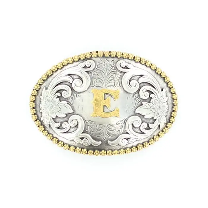 Personalized Initial Belt Buckle, Oval Western 2-Tone Design with Gold Edging and Floral Scrolls, Antique Finish Background, Silver, Shaped Buckle, Personalized Gift, 2-3/4” X 4”, Custom Initial
