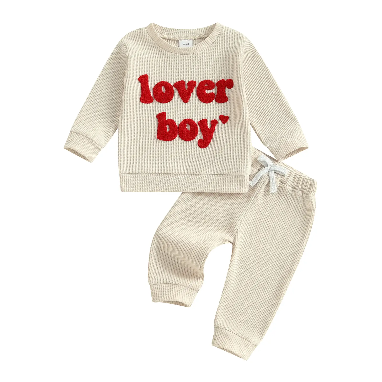Toddler Baby Boys Valentine's Day Outfits Letter Embroidery Tops Ribbed Long Sleeve Sweatshirts with Drawstring Pants 2 Pcs Set