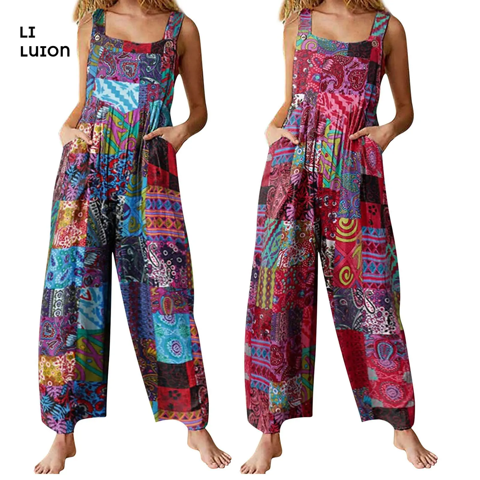 Women Overalls, Multicolor Ethnic Style Square Neck Sleeveless Casual Jumpsuit with Pockets for Girls, Red/Blue