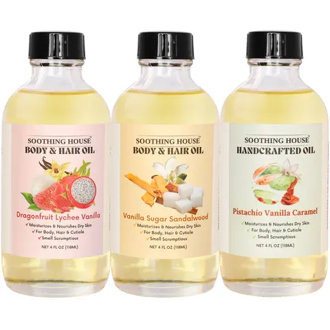 Brazilian Inspired Aroma Body Oil Trio - Moisturizer Daily Radiant Blend Set: Pistachio Caramel, Dragonfruit Lychee, Vanilla Sugar Sandalwood Hydrating Long-Lasting Body Oil