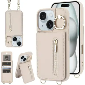 for iPhone 13/14 Wallet Case with Strap Card Slot Holder RFID Blocking Ring Kickstand,Magnetic Flip Folio Zipper Crossbody Purse Case with Lanyard,PU Leather Cover Handbag,Beige