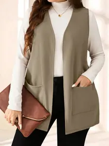 Women's Plus Size V Neck Sleeveless Cardigan Vest, Loose Fit Medium Length with Large Pockets, Casual Commuter Outerwear, Womenswear