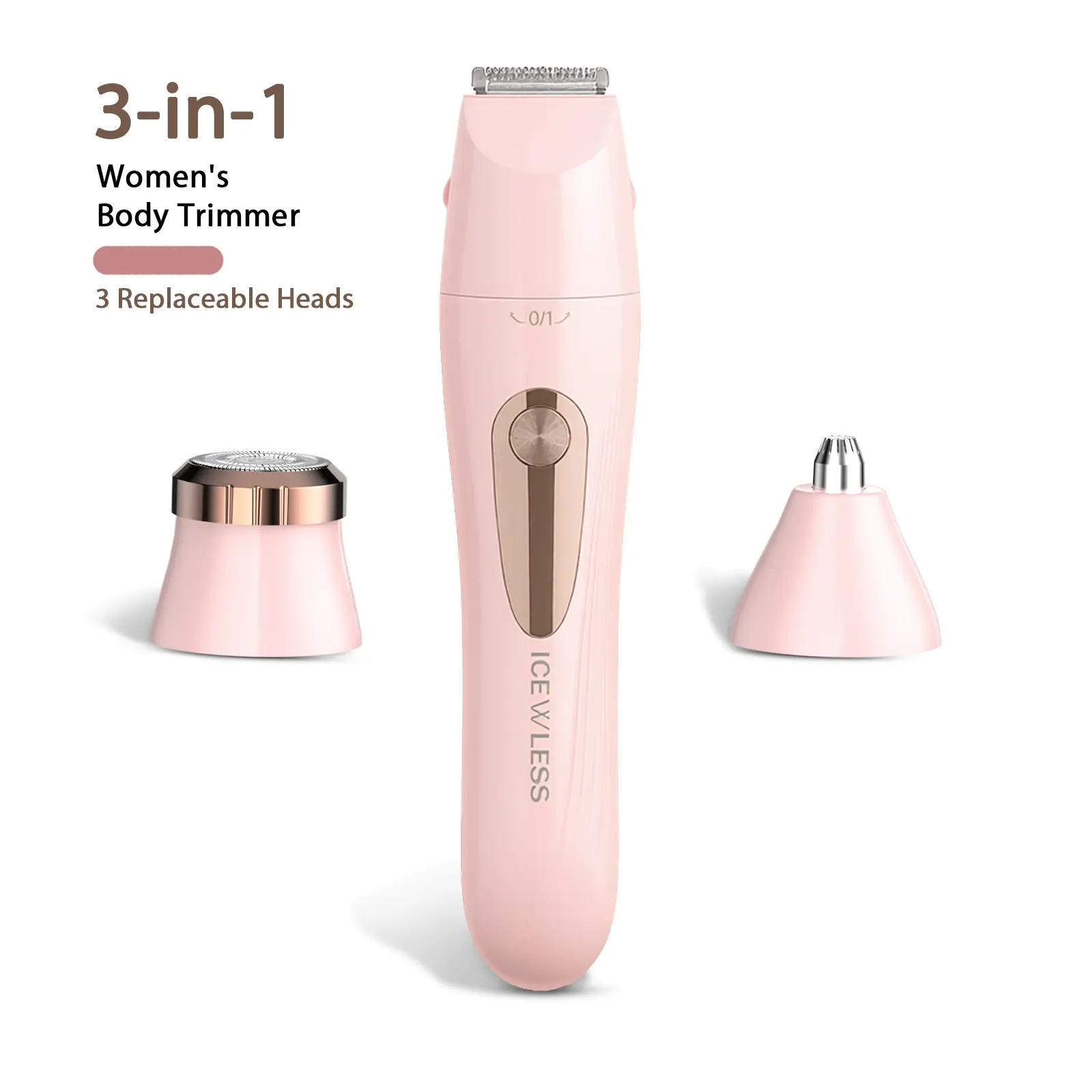 Women's Rechargeable Cordless Portable Electric Shaver-Trimmer, 1 Unit with 3 Interchangeable Heads for Face, Eyebrows, Nose, Pink