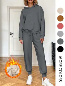 Women's Hooded Sweatshirt Set, Fleece Lined Thick Casual Hoodie & Pants, Fall Winter Two-Piece, Plain Color, Loose Fit