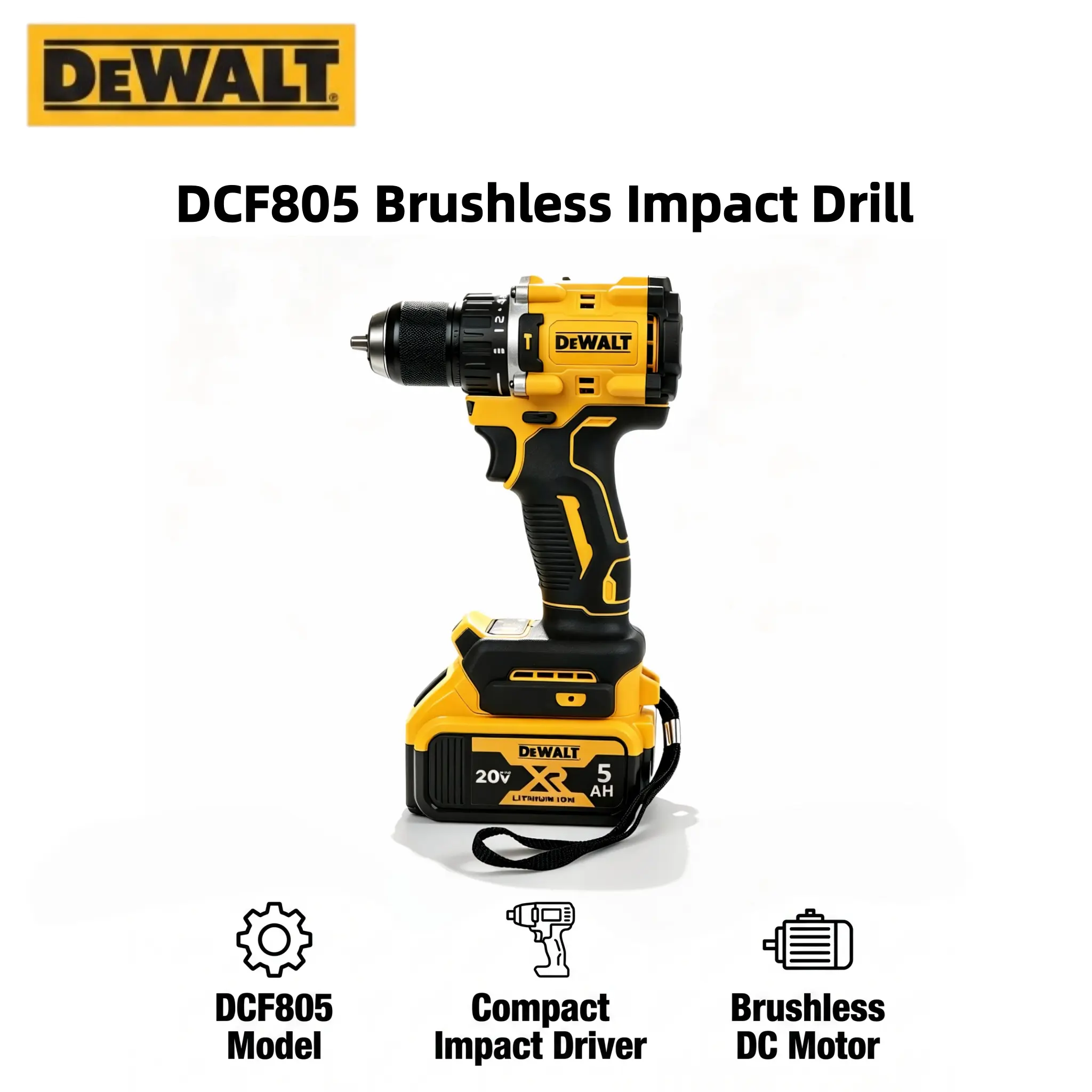 DEWALT DCF805 20V MAX Compact Cordless Hammer Drill‑driver,Two‑speed Mechanical Gearbox,Built‑in Led Work Light, ,Forward‑reverse Control,Power Tool For Cabinet Installation,Wall Drilling,Fastener Driving,Diy Home Improvement And On‑site Maintenance Jobs