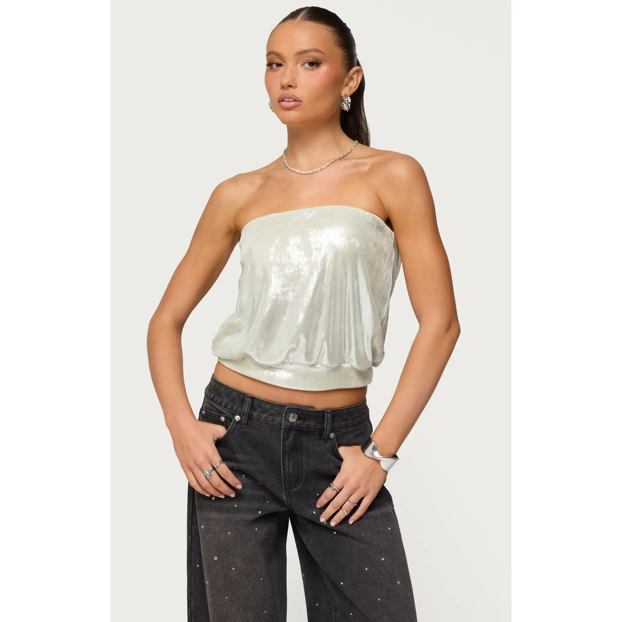 Edikted Women's Leira Silky Sparkly Strapless Top