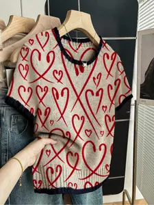 Heart Print Round Neck Sweater, Casual Short Sleeve Knitwear for Spring Summer Fall, Comfortable Warm Women's Clothing