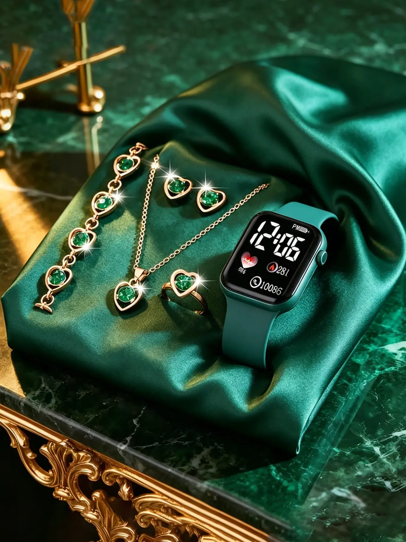 Casual Stylish LED Electronic Watch with Heart Pattern Fashionable Jewelry Set, Accessory Set, Best Birthday Gift for Loved Ones, Includes Bracelet Necklace Ring Earrings, Matching Jewelry Set