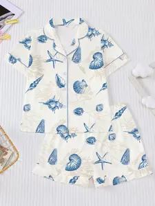 Shell Print Short Sleeve Pajama Set, Casual Comfortable Breathable Sleepwear Loungewear, Cartoon Design, Suitable for All Seasons, Home & Party Wear