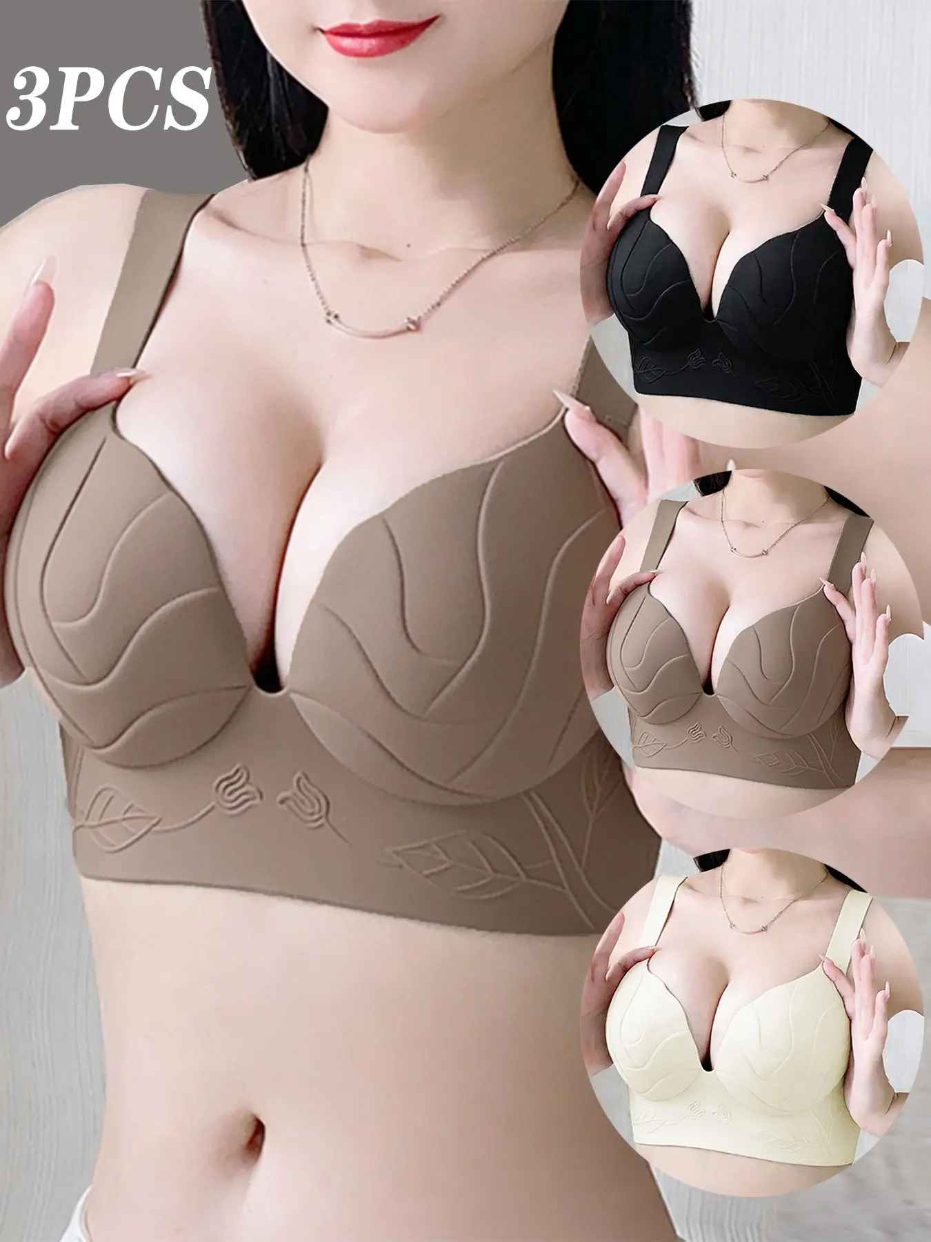 3-Pack Massage Bra Cups, Summer Thin Breathable Wireless Elegant Chic Underwear Bras, Soft Sensual Underwire-Free, Lifts and Medium Supports, Everyday Daily Wear Lingerie