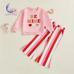 2Pcs Valentine Outfit for Toddler Baby Girl Long Sleeve Crew Neck Letter Embroidery Sweatshirt with Flare Pants Set