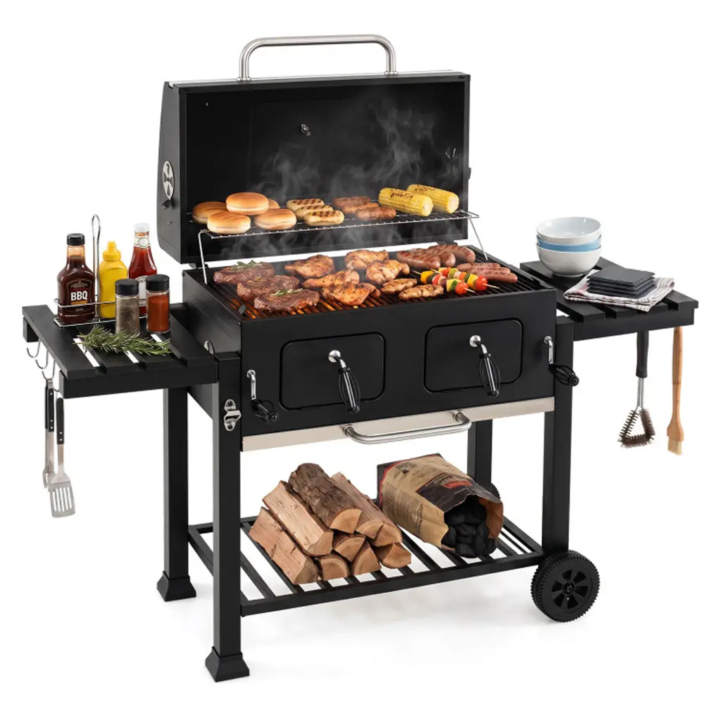 Thick Metal Charcoal Barbecue Grill - Heavy-Duty 488 sq.in Grilling Area, Adjustable Charcoal Trays, Folding Tables, Wheels, Cover, Sturdy Rack, Smoker, Bottle Opener for Backyard Patio Outdoor Grilling