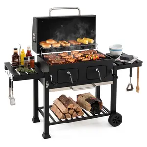 Heavy-Duty Charcoal BBQ Grill with Adjustable Charcoal Trays, Folding Tables, Wheels, Cover, Sturdy Rack, Smoker for Backyard Patio Summer Vibes
