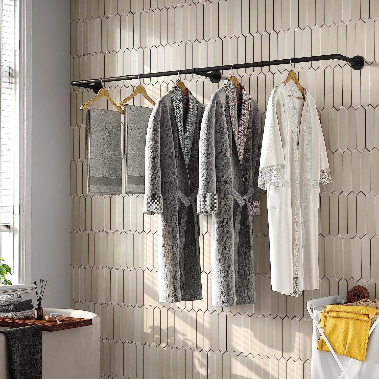 72 Industrial Pipe Laundry Rack - Wall-Mount Waterproof Metal Shelf, Hangable Adjustable Durable Sturdy Hanger, 10-15 Kg Load Capacity, Easy-Install Home Storage for Laundry Room Clothes, Hats, Bags, Accessories, Laundry Room Accessories Installation