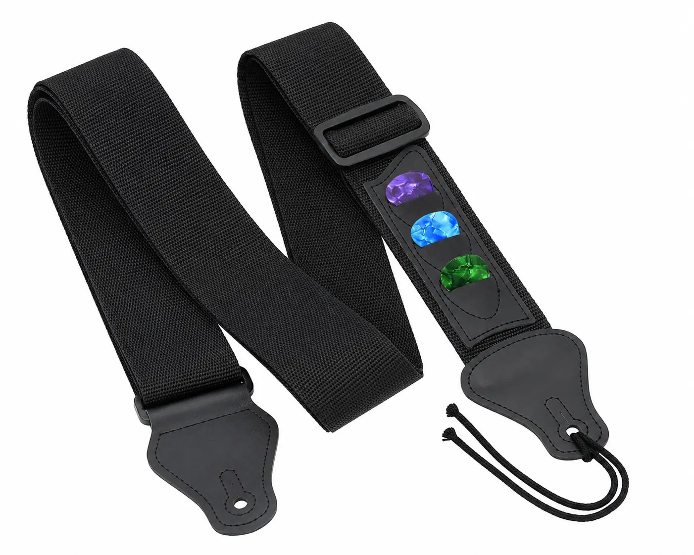 Black Adjustable Guitar Pick Strap - 3 Holders, 6 Included Picks, Quick-Easy Mounting, Ideal for Stage Use, Home Practice, Guitar Pick Straps