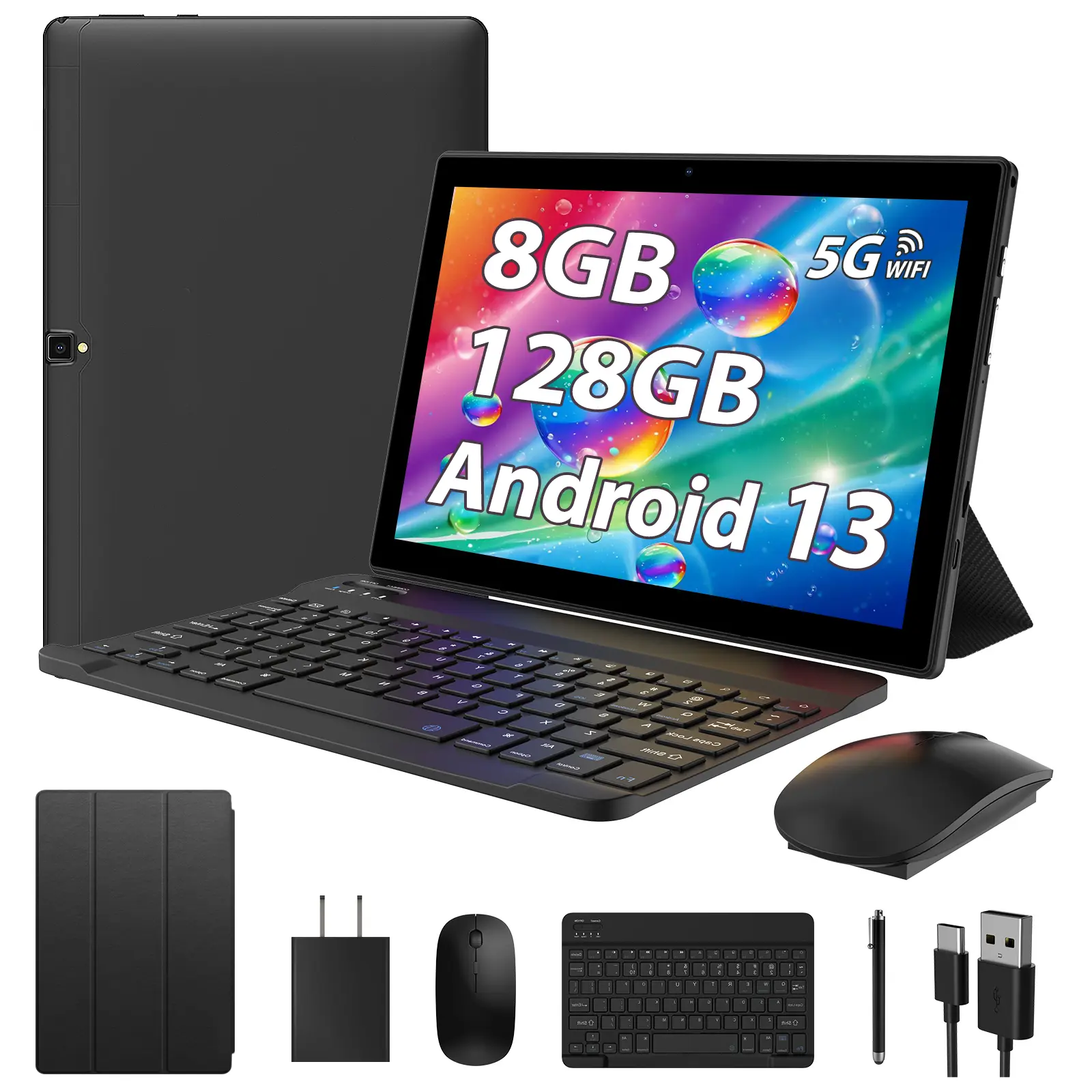 Android 13 Tablet Bundle, 10.1" IPS HD Display, 8GB RAM + 128GB ROM (Up to 1TB Expandable), Quad-Core Processor, 8000mAh Battery, Dual-Band WiFi, Complete Set with Keyboard, Mouse, Stylus & Case, WiFi-Only Tablet PC
