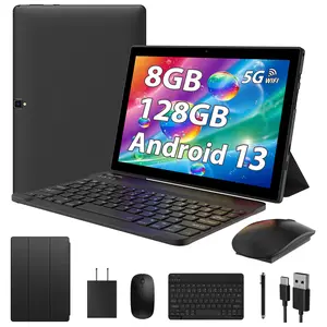 Android 13 Tablet Bundle, 10.1" IPS HD Display, 8GB RAM + 128GB ROM (Up to 1TB Expandable), Quad-Core Processor, 8000mAh Battery, Dual-Band WiFi, Complete Set with Keyboard, Mouse, Stylus & Case, WiFi-Only Tablet PC