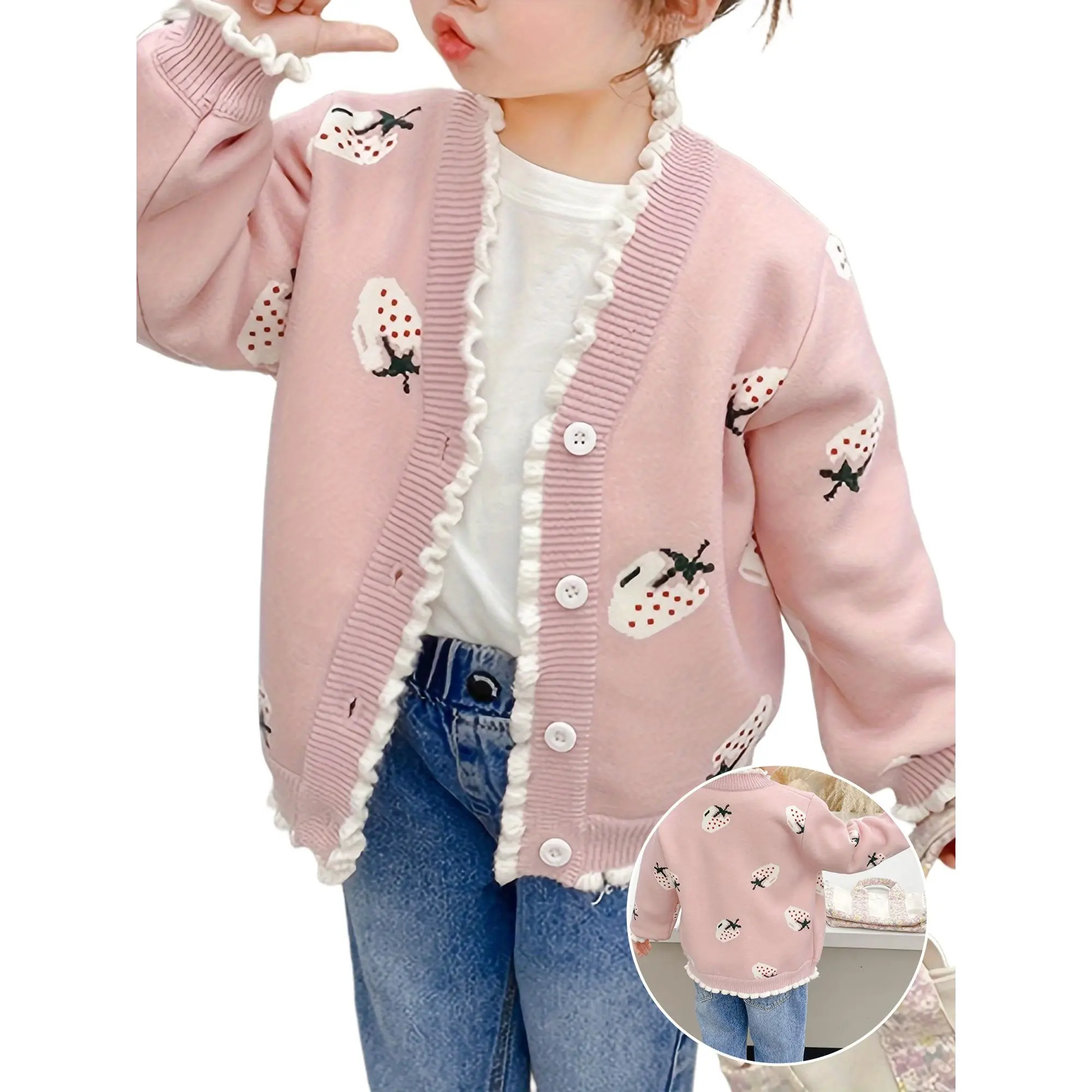Cozy Fall & Winter Outerwear - 1pc Girls' Pink Winter Cardigan Sweater - Soft Jacket with Bunny & Heart Print - Warm Knit Coat for Girls & Kids - Ruffled Collar & Placket (Hand Washable, Pink/White)