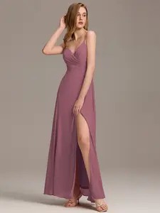 Ever-Pretty  Guest purple   , Spaghetti Straps & High Slit ,V - Neck Maxi  purple Chiffon with Open Back,Elegant Formal Bridesmaid  128B
