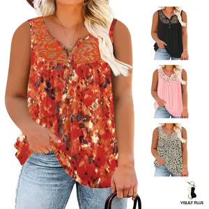 Women’s Plus Size Tank Tops Trendy Summer Sleeveless Henley V-Neck Shirts Lace Pleated Flowy Tunics XL–5XL RPS2085 floral oversized women tshirt
