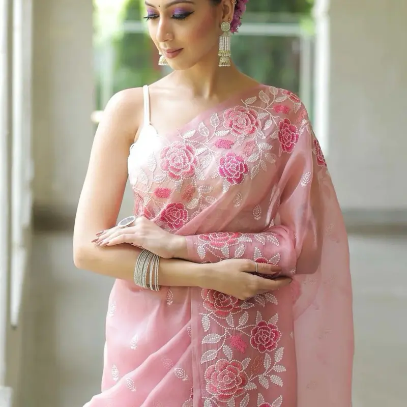 Women's Pink Organza Silk Saree with Floral Embroidery for Indian Party Wear Wedding Casual Outfit Fall Pico Design