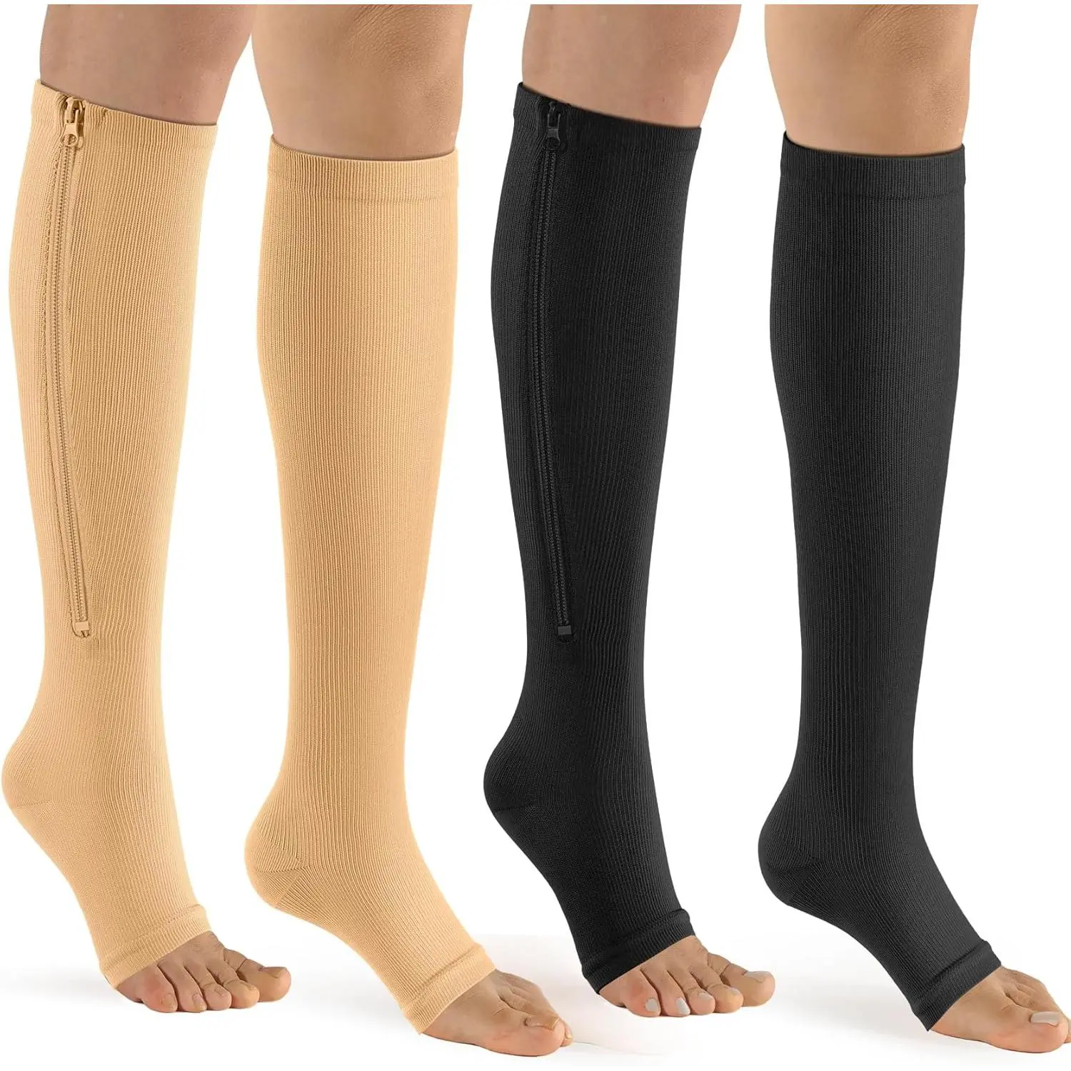 2 Pairs Open Toe Compression Stockings with Zipper, 15-20 mmHg Knee-High Nylon Blend for Male & Female Teachers, Doctors, Nurses, Unisex, 5% Copper