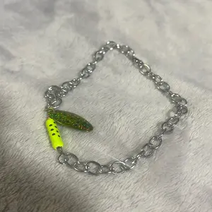 Green Fishing Lure Anklet with Chain Design and Yellow Glitter Accent